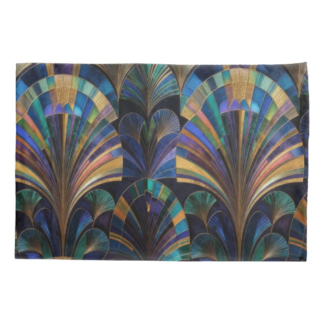 Jewel Tone Peacock Blue Purple Gold Art Deco Pillow Case (Back)
