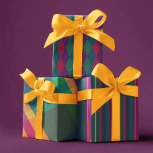 Jewel Tone Plaid Argyle Stripes Wrapping Paper Sheets