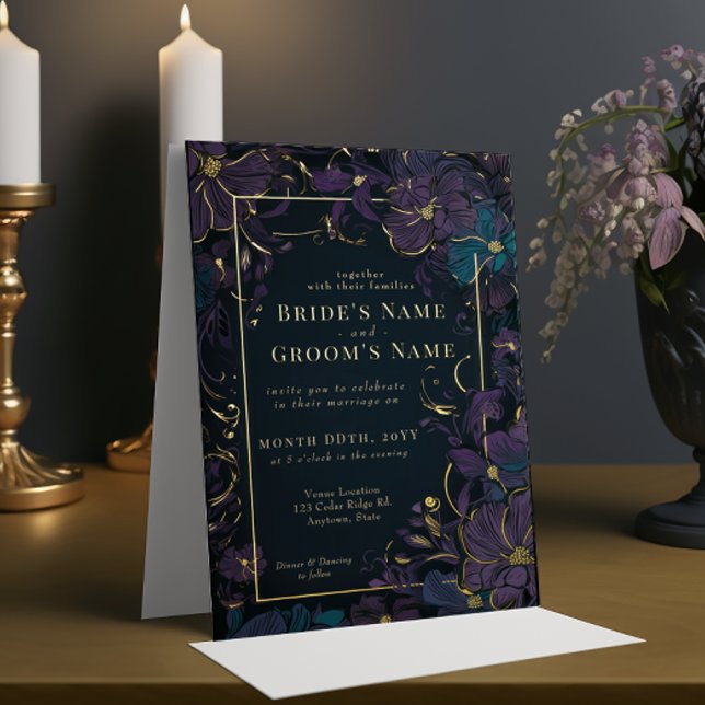 Jewel Tone Purple and Teal Flowers Foil Invitation (Creator Uploaded)