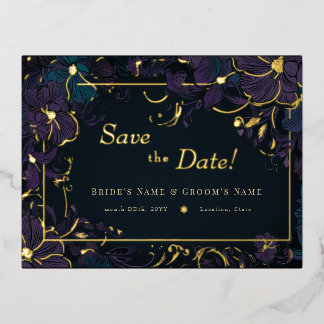 Jewel Tone Purple and Teal Flowers Foil Invitation Postcard