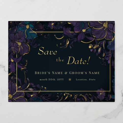 Jewel Tone Purple and Teal Flowers Foil Invitation Postcard