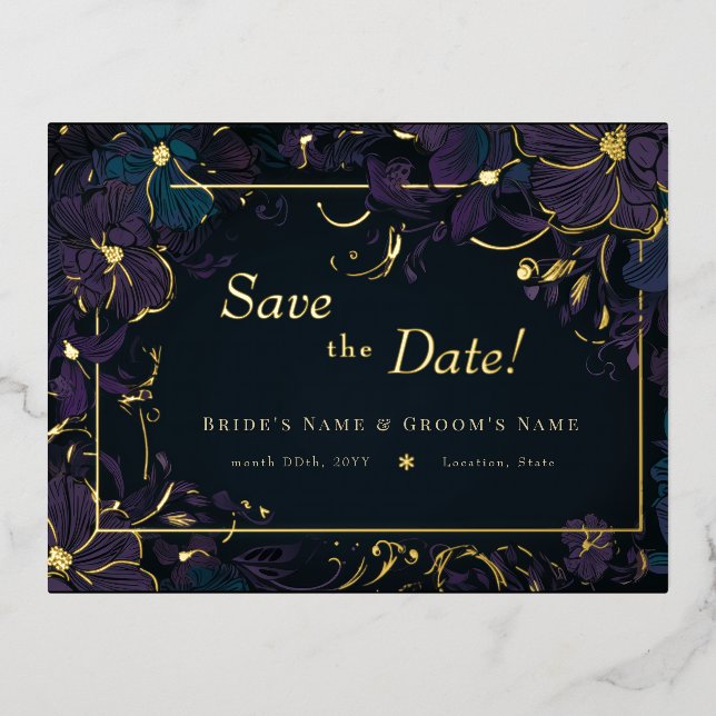 Jewel Tone Purple and Teal Flowers Foil Invitation Postcard (Front)