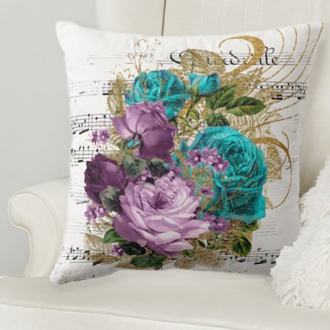 Jewel Tone Roses Throw Pillow (Purple and teal floral throw pillow)