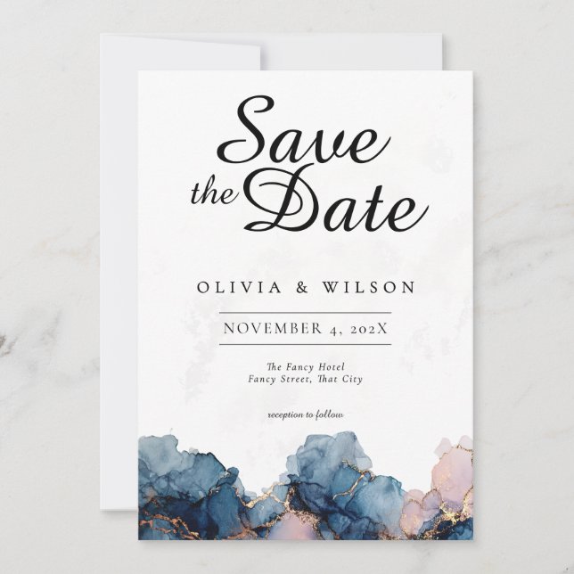 Jewel Tone Save The Date Card, Navy Blue Rose Gold Invitation (Front)