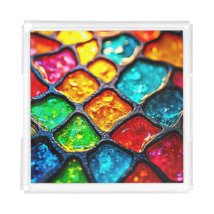 Jewel Tone Stained Glass Art Glow Design Acrylic Tray