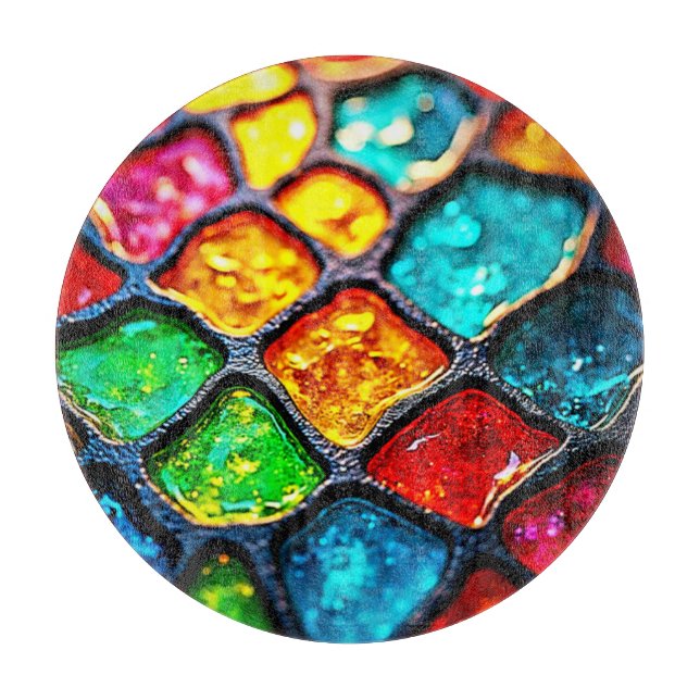Jewel Tone Stained Glass Art Glow Design Cutting Board (Front)