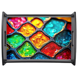 Jewel Tone Stained Glass Art Glow Design Serving Tray
