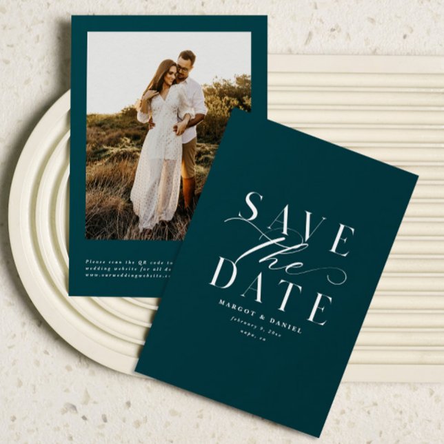 Jewel Tone Teal Trendy Photo Save The Date QR Code (Creator Uploaded)