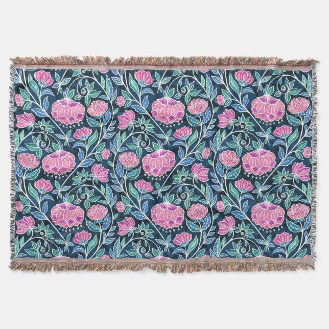 Jewel Toned Boho Chalk Chintz Floral Pattern Throw Blanket (Front)