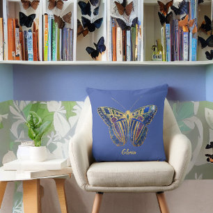 Jewel Toned Butterfly on Purplish Blue Throw Pillow