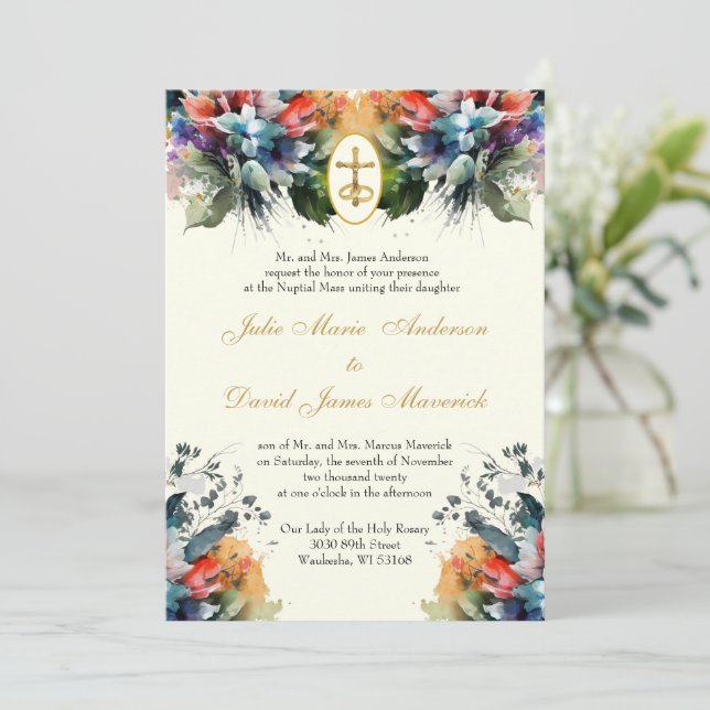 Jewel Toned Catholic Floral Wedding and Reception  Invitation (Standing Front)