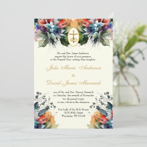 Jewel Toned Catholic Floral Wedding and Reception  Invitation