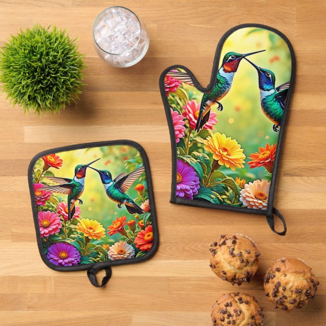 Jewel-Toned Hummingbird Magic Design Oven Mitt & Pot Holder Set (Top Down)