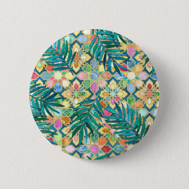 Jewel toned Moroccan pattern with palm leaves Button (Front)