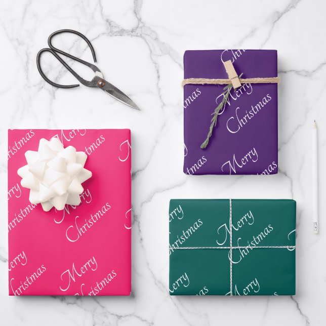Jewel Toned Pink Purple Green Merry Christmas Wrapping Paper Sheets (Front)