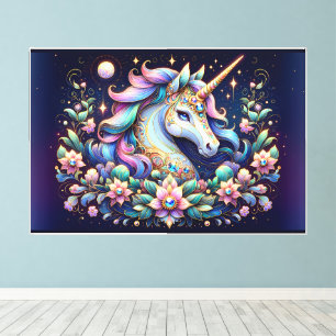 Jewel Toned Unicorn Floral Fantasy Canvas Print