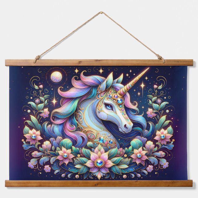 Jewel Toned Unicorn Floral Fantasy Hanging Tapestry (Front)