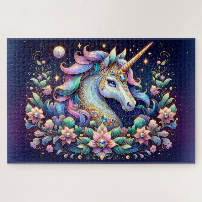 Jewel Toned Unicorn Floral Fantasy Jigsaw Puzzle (Horizontal)