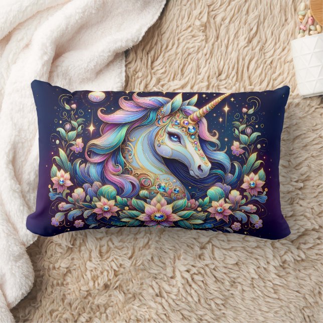 Jewel Toned Unicorn Floral Fantasy Lumbar Pillow (Blanket)