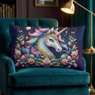 Jewel Toned Unicorn Floral Fantasy Lumbar Pillow