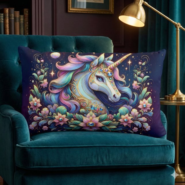 Jewel Toned Unicorn Floral Fantasy Lumbar Pillow (Jewel Toned Unicorn Floral Fantasy Lumbar Pillow Mockup A)