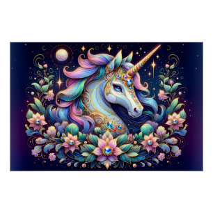 Jewel Toned Unicorn Floral Fantasy Poster