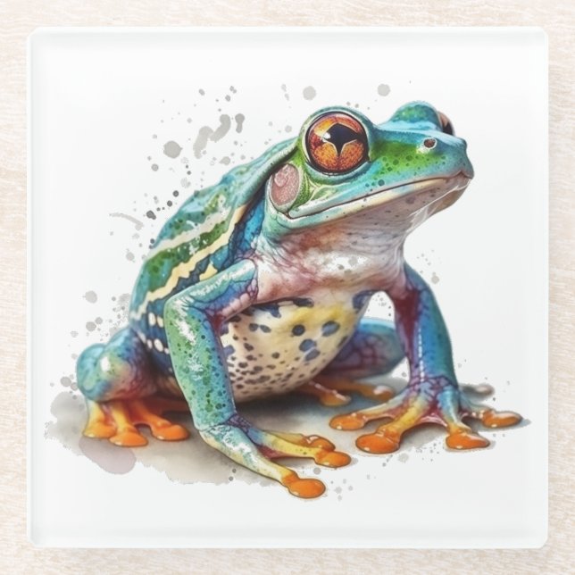 Jewel-Toned Watercolor Frog Glass Coaster (Front)