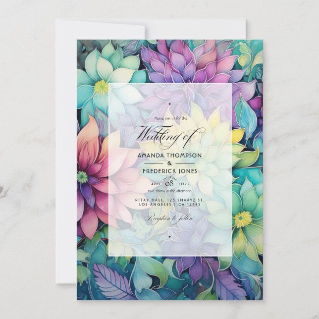 Jewel-tones and Green Floral Wedding Invitation (Front)