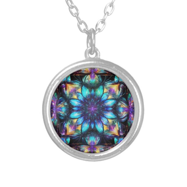 Jewel Tones Blossom Kaleidoscope Silver Plated Necklace (Front)