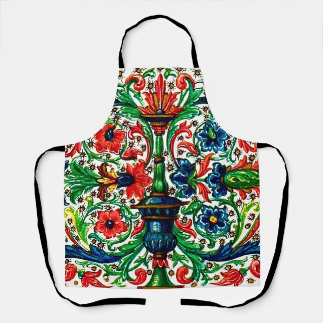 Jewel Tones Medieval Manuscript Flowers Scrolls Apron (Front)