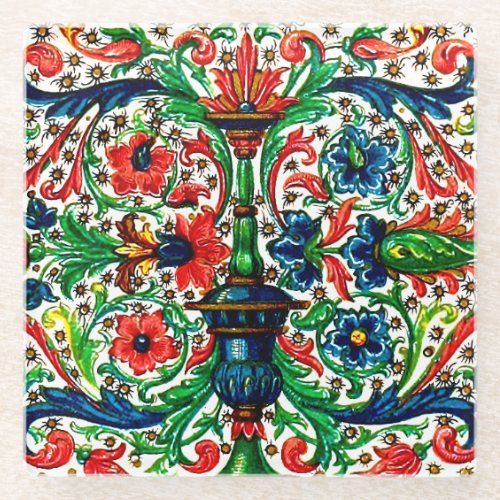 Jewel Tones Medieval Manuscript Flowers Scrolls Glass Coaster