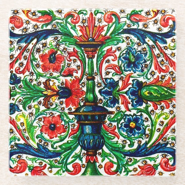Jewel Tones Medieval Manuscript Flowers Scrolls Glass Coaster (Front)