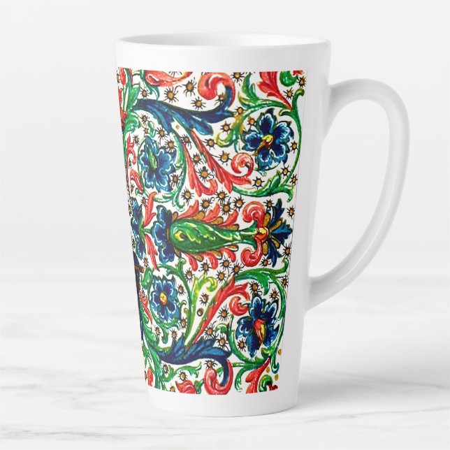 Jewel Tones Medieval Manuscript Flowers Scrolls Latte Mug (Right)