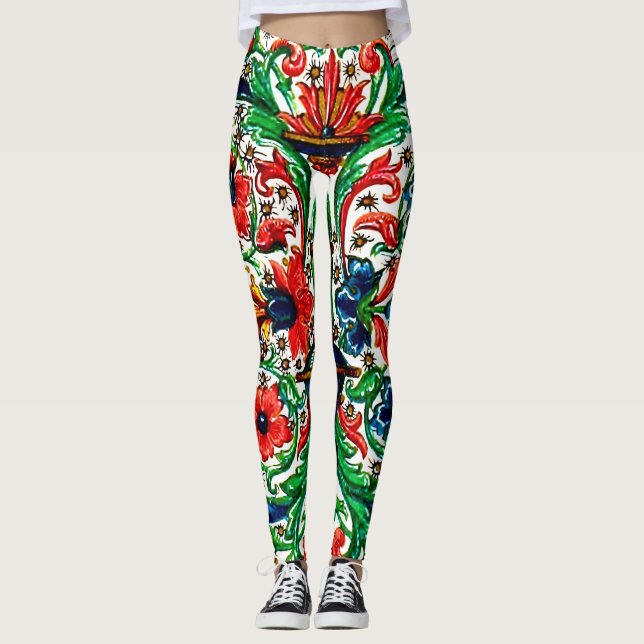 Jewel Tones Medieval Manuscript Flowers Scrolls Leggings (Front)