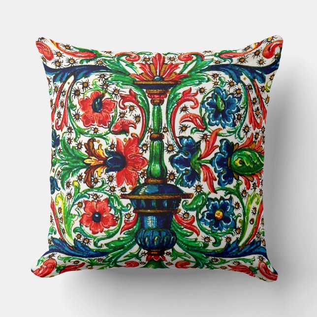 Jewel Tones Medieval Manuscript Flowers Scrolls Throw Pillow (Front)