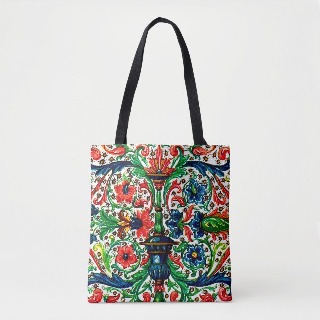 Jewel Tones Medieval Manuscript Flowers Scrolls Tote Bag (Front)