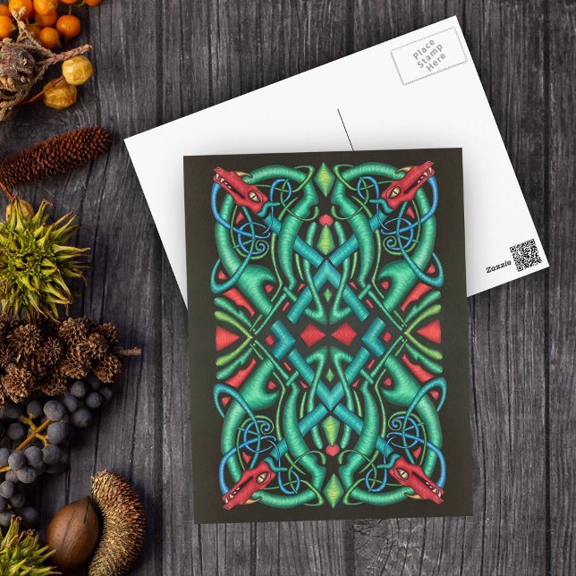 Jewel Tones Ornate Celtic Dragon Knot Black Postcard (Creator Uploaded)