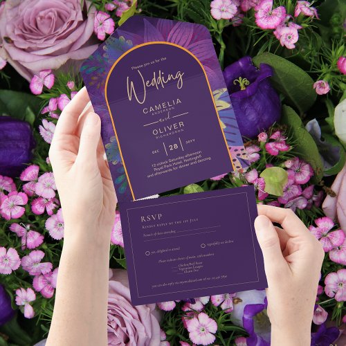 Jewel Tones Plum Purple Berry Gold Wedding All In One Invitation