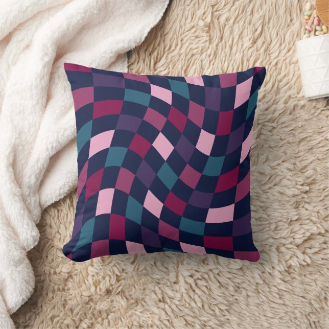 Jewel Tones Warped Checkerboard Throw Pillow (Blanket)