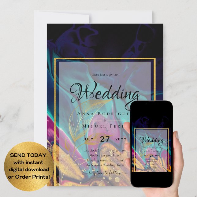 Jewel Tones WEDDING INK Plum Purple Teal Navy Gold Invitation (Creator Uploaded)