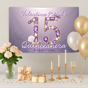 Jeweled Amethyst & Pearl White Rose Quinceañera Banner