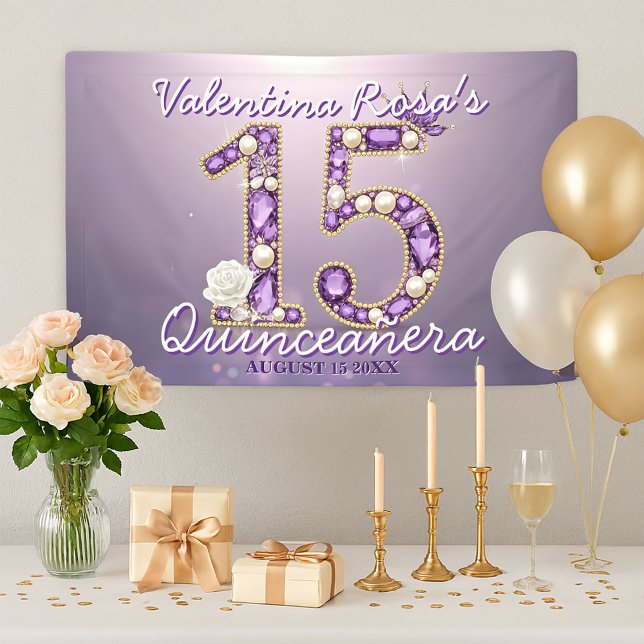 Jeweled Amethyst & Pearl White Rose Quinceañera  Banner (Creator Uploaded)