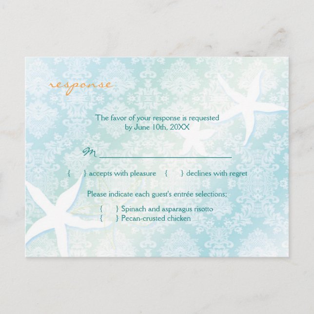 Jeweled Beach Wedding Menu Choice RSVP (Front)