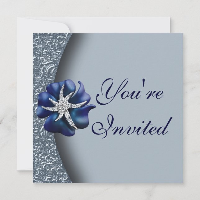 Jeweled Blue Flower Party Invitation (Front)