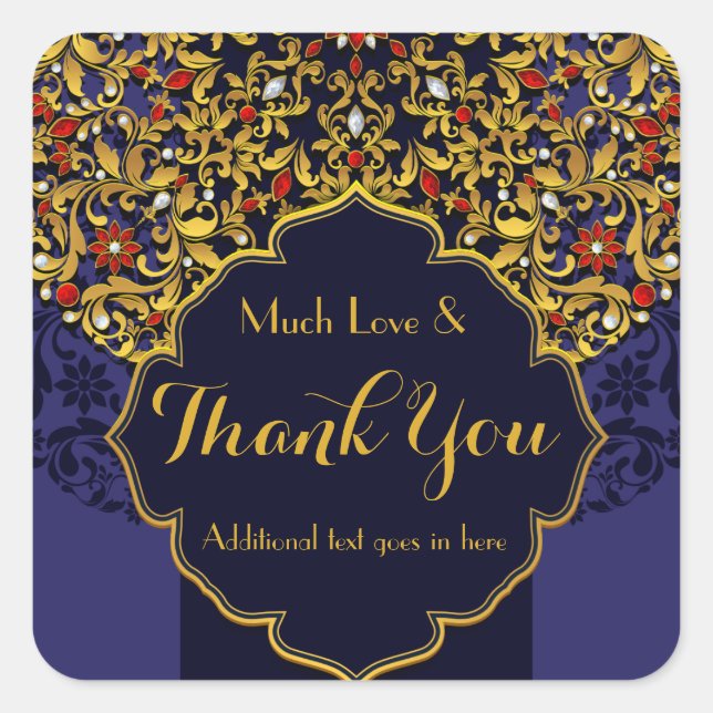 Jeweled Blue Red Gold Floral Custom Thank You Square Sticker (Front)