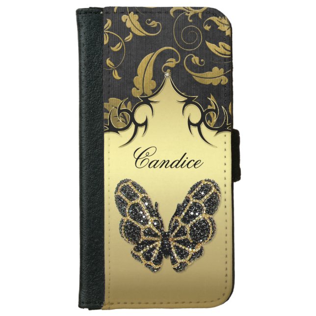 Jeweled Butterfly Damask -  iPhone 6 iPhone Wallet Case (Front)