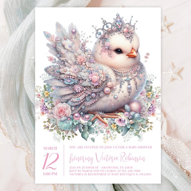 Jeweled Chick Baby Shower Invitation (Precious jeweled chick with crown on a pretty pastel floral background. )