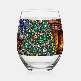 Jeweled Christmas Tree Fireplace Gemstone Scene Stemless Wine Glass