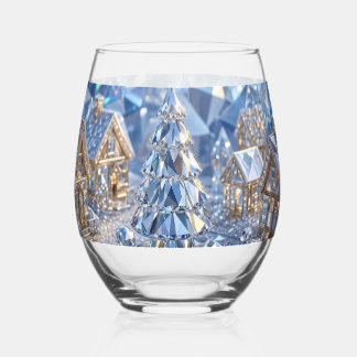 Jeweled Christmas Village Emerald Tree Crystal Stemless Wine Glass
