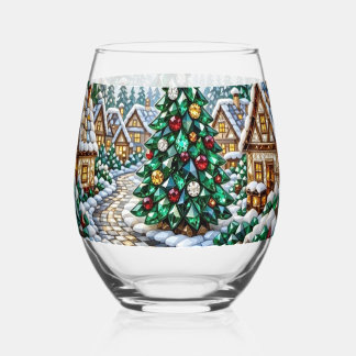 Jeweled Christmas Village Emerald Tree Crystal Stemless Wine Glass